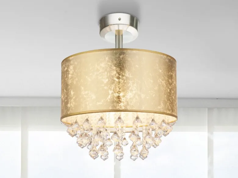 Deckenleuchte AMY mit Stoff Lampenschirm Gold & Kristall Behang, Ø 40cm