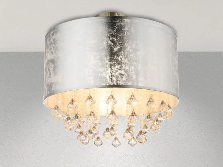 Deckenleuchte AMY mit Stoff Lampenschirm Silber & Kristall Behang, Ø 40cm