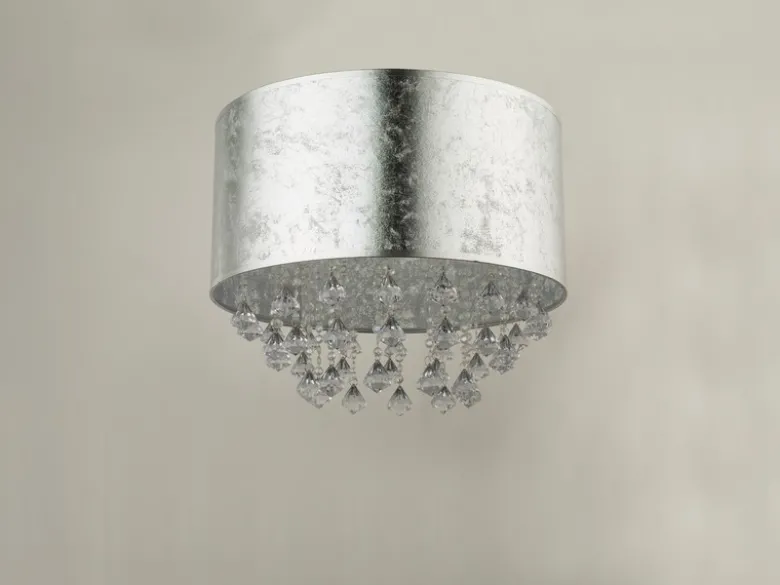 Deckenleuchte AMY mit Stoff Lampenschirm Silber & Kristall Behang, Ø 40cm