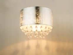 Deckenleuchte AMY mit Stoff Lampenschirm Silber & Kristall Behang, Ø 40cm