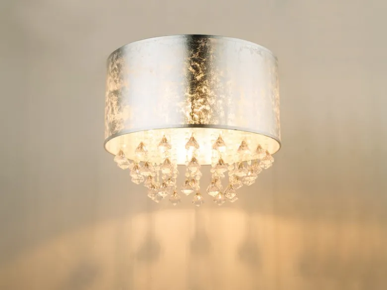 Deckenleuchte AMY mit Stoff Lampenschirm Silber & Kristall Behang, Ø 40cm
