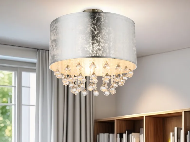 Deckenleuchte AMY mit Stoff Lampenschirm Silber & Kristall Behang, Ø 40cm