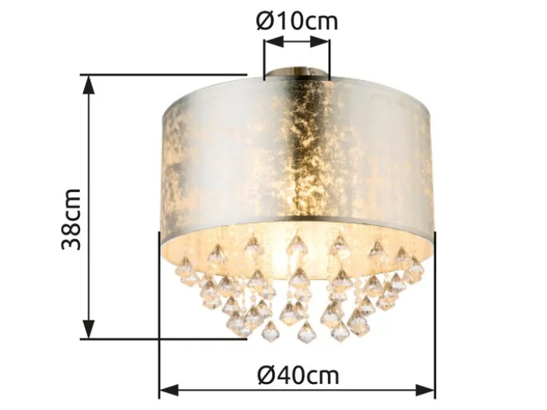 Deckenleuchte AMY mit Stoff Lampenschirm Silber & Kristall Behang, Ø 40cm