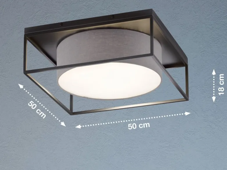 Deckenleuchte CARRE eckig groß mit Leinen Stoffschirm Grau, Quadrat 50cm