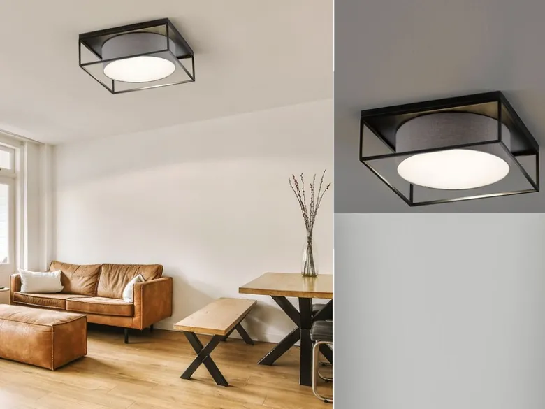 Deckenleuchte CARRE eckig groß mit Leinen Stoffschirm Grau, Quadrat 50cm