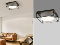 Deckenleuchte CARRE eckig groß mit Leinen Stoffschirm Grau, Quadrat 60cm