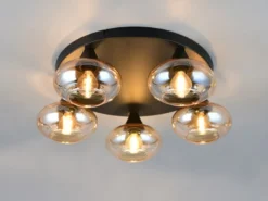 Deckenleuchte DIVINA rund mit 5 Glas Lampenschirmen Bernsteinfarbig, Ø 49cm