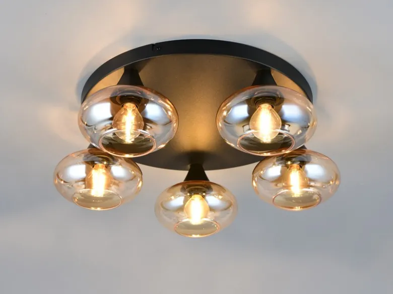 Deckenleuchte DIVINA rund mit 5 Glas Lampenschirmen Bernsteinfarbig, Ø 49cm