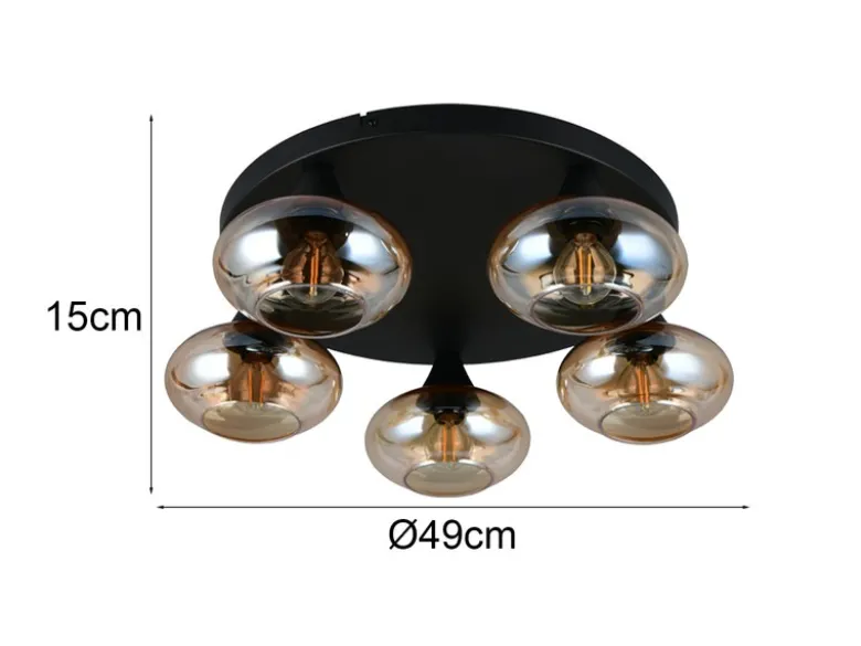 Deckenleuchte DIVINA rund mit 5 Glas Lampenschirmen Bernsteinfarbig, Ø 49cm