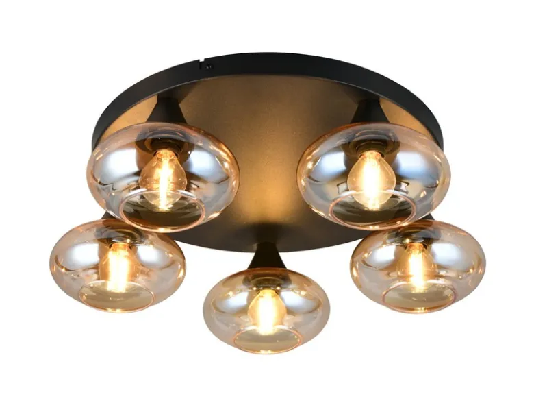 Deckenleuchte DIVINA rund mit 5 Glas Lampenschirmen Bernsteinfarbig, Ø 49cm