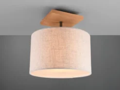 Deckenleuchte ELMAU mit Stoffschirm in Beige und Naturholz Sockel, Ø 36cm