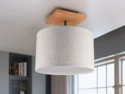 Deckenleuchte ELMAU mit Stoffschirm in Beige und Naturholz Sockel, Ø 36cm