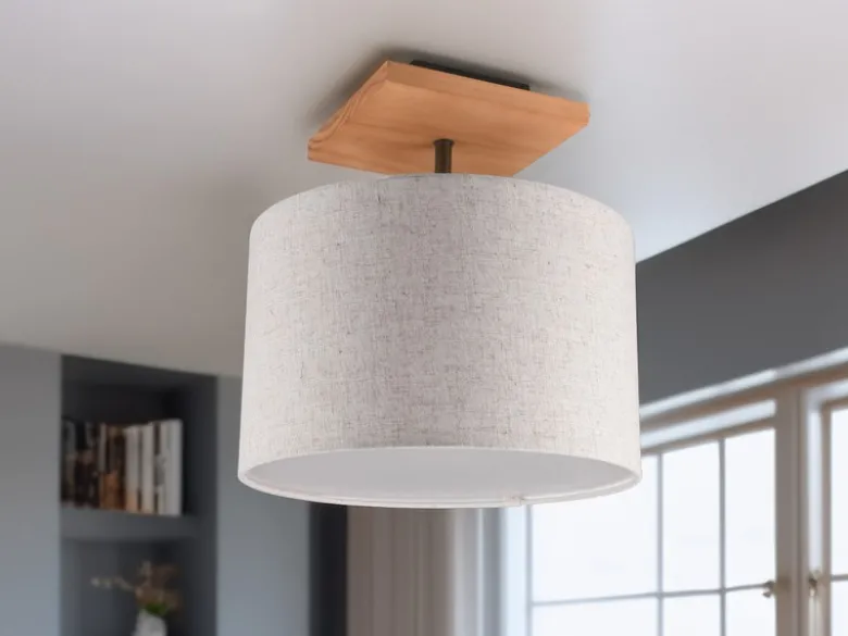 Deckenleuchte ELMAU mit Stoffschirm in Beige und Naturholz Sockel, Ø 36cm
