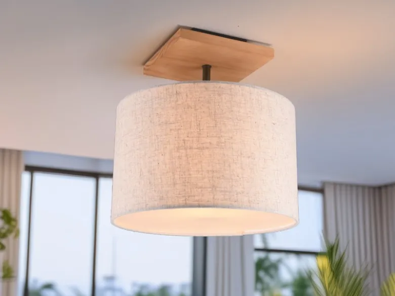 Deckenleuchte ELMAU mit Stoffschirm in Beige und Naturholz Sockel, Ø 36cm