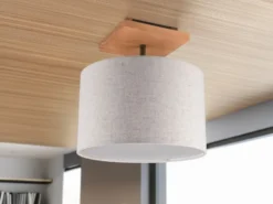 Deckenleuchte ELMAU mit Stoffschirm in Beige und Naturholz Sockel, Ø 36cm