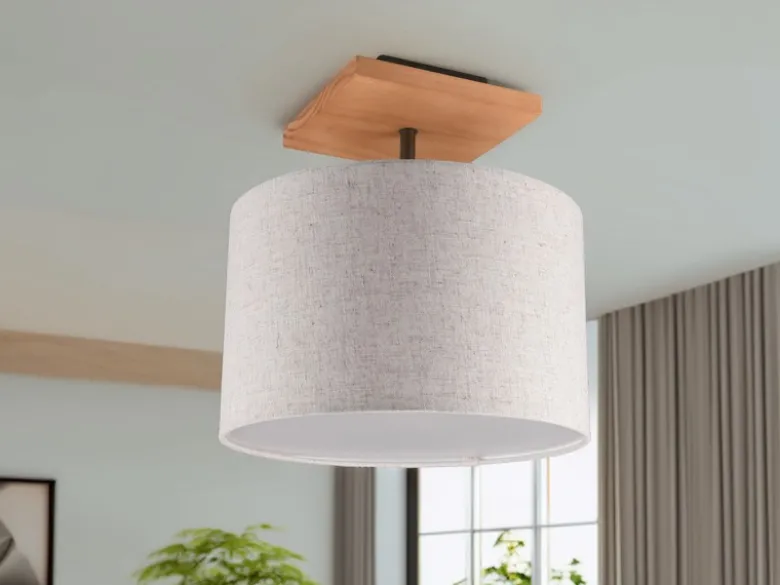 Deckenleuchte ELMAU mit Stoffschirm in Beige und Naturholz Sockel, Ø 36cm