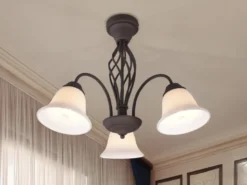 Deckenleuchte 3-flammig Rostoptik mit Glasschirmen Weiß & E14 LEDs Ø 55cm