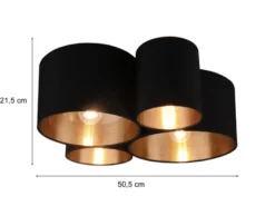 Deckenleuchte 4-flammig Stoff Lampenschirme Schwarz/Gold, Breite 50,5cm