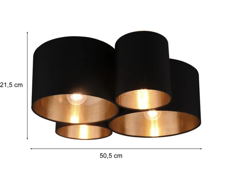 Deckenleuchte 4-flammig Stoff Lampenschirme Schwarz/Gold, Breite 50,5cm