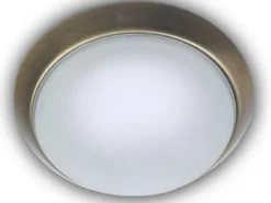 Deckenleuchte, Glas satiniert mit Klarrand, Dekorring Altmessing, Ø 30cm