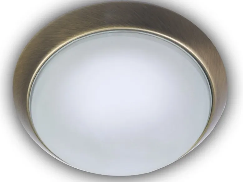 Deckenleuchte, Glas satiniert mit Klarrand, Dekorring Altmessing, Ø 30cm