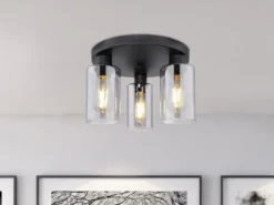 Deckenleuchte HADERA mit 3 Rauchglas Lampenschirmen Metall Schwarz, Ø 34cm