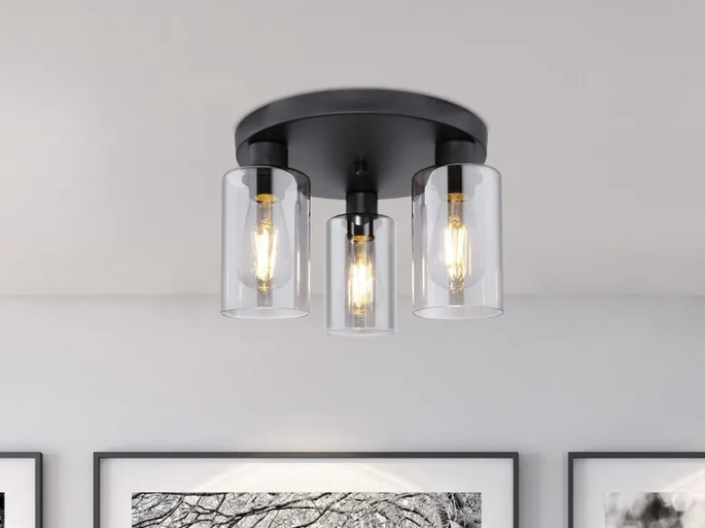 Deckenleuchte HADERA mit 3 Rauchglas Lampenschirmen Metall Schwarz, Ø 34cm