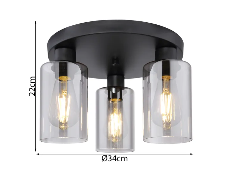 Deckenleuchte HADERA mit 3 Rauchglas Lampenschirmen Metall Schwarz, Ø 34cm