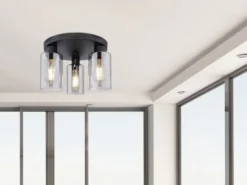Deckenleuchte HADERA mit 3 Rauchglas Lampenschirmen Metall Schwarz, Ø 34cm