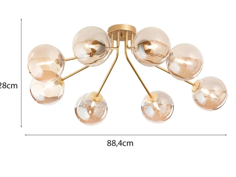 Deckenleuchte HONEY Gold mit 8 Glaskugeln Bernsteinfarbig, Breite 88cm