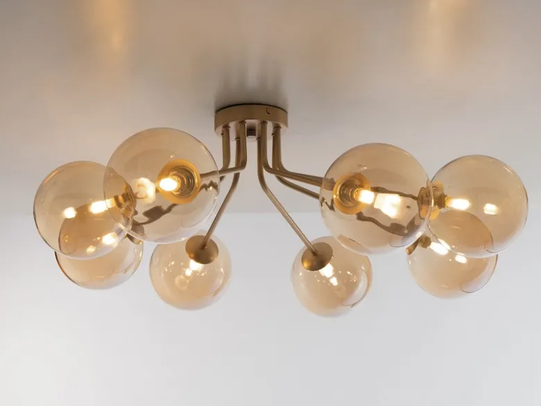 Deckenleuchte HONEY Gold mit 8 Glaskugeln Bernsteinfarbig, Breite 88cm