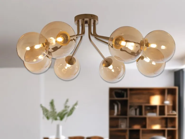 Deckenleuchte HONEY Gold mit 8 Glaskugeln Bernsteinfarbig, Breite 88cm
