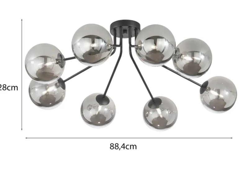 Deckenleuchte HONEY Schwarz mit 8 Glaskugeln Rauchglas, Breite 88cm