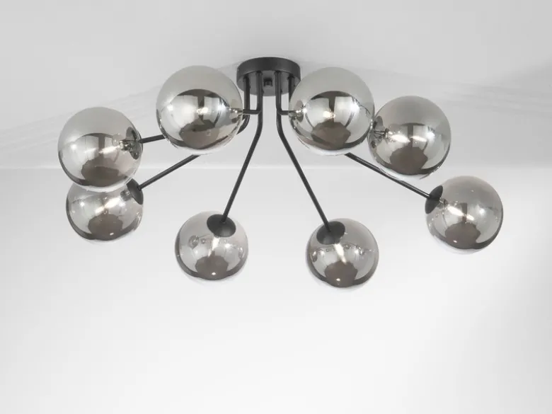 Deckenleuchte HONEY Schwarz mit 8 Glaskugeln Rauchglas, Breite 88cm