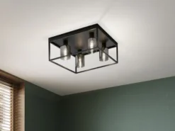 Deckenleuchte ISKA 4-flammig Schwarz mit Rauchglas, Quadrat 45cm