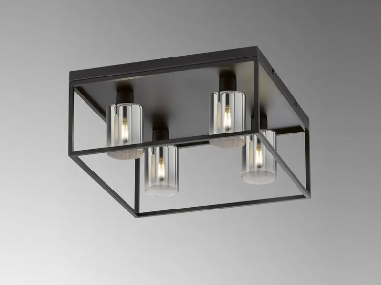 Deckenleuchte ISKA 4-flammig Schwarz mit Rauchglas, Quadrat 45cm