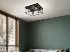 Deckenleuchte ISKA 4-flammig Schwarz mit Rauchglas, Quadrat 45cm