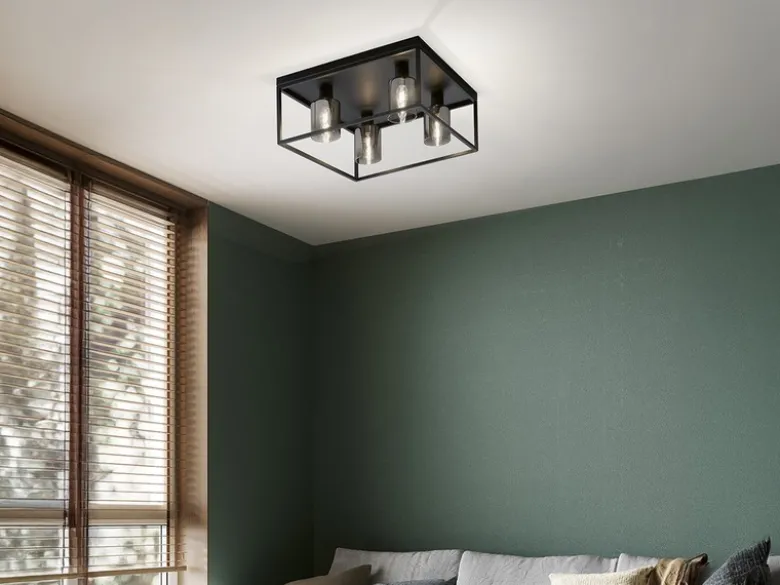 Deckenleuchte ISKA 4-flammig Schwarz mit Rauchglas, Quadrat 45cm