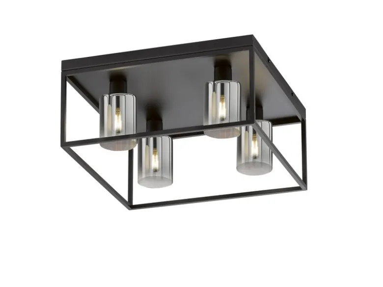 Deckenleuchte ISKA 4-flammig Schwarz mit Rauchglas, Quadrat 45cm