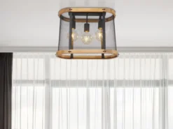 Deckenleuchte JEANIE mit Holz & Gitter Schwarz 3-flammig, Breite 45cm
