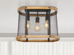 Deckenleuchte JEANIE mit Holz & Gitter Schwarz 3-flammig, Breite 45cm