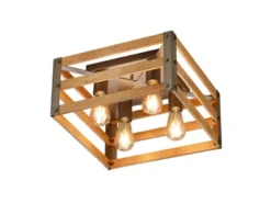 Deckenleuchte KHAN mit Echtholz Lampenschirm im Vintage Style, Quadrat 40cm