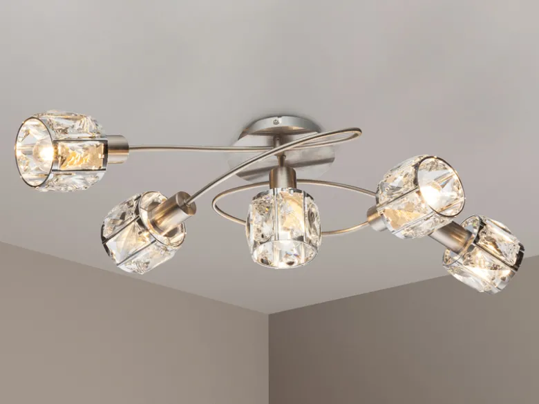 Deckenleuchte KRIS 5-flammig mit Glas Kristallen in Silber, Breite 61,5cm