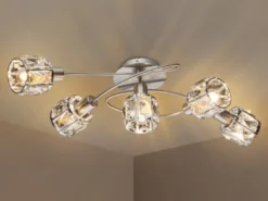 Deckenleuchte KRIS 5-flammig mit Glas Kristallen in Silber, Breite 61,5cm