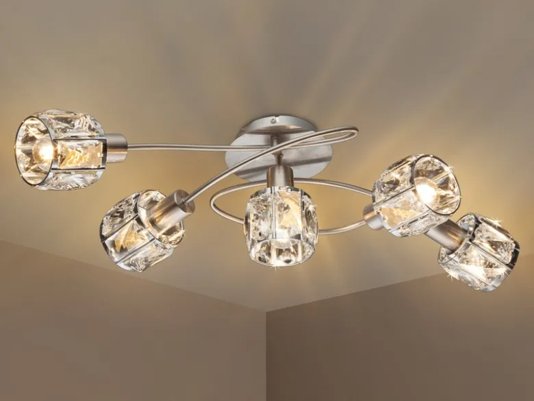 Deckenleuchte KRIS 5-flammig mit Glas Kristallen in Silber, Breite 61,5cm