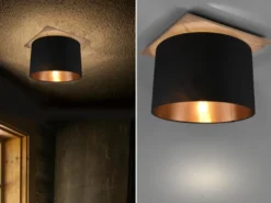 Deckenleuchte mit Stoff Lampenschirm in Schwarz/Gold und Holz Sockel, Ø 40cm