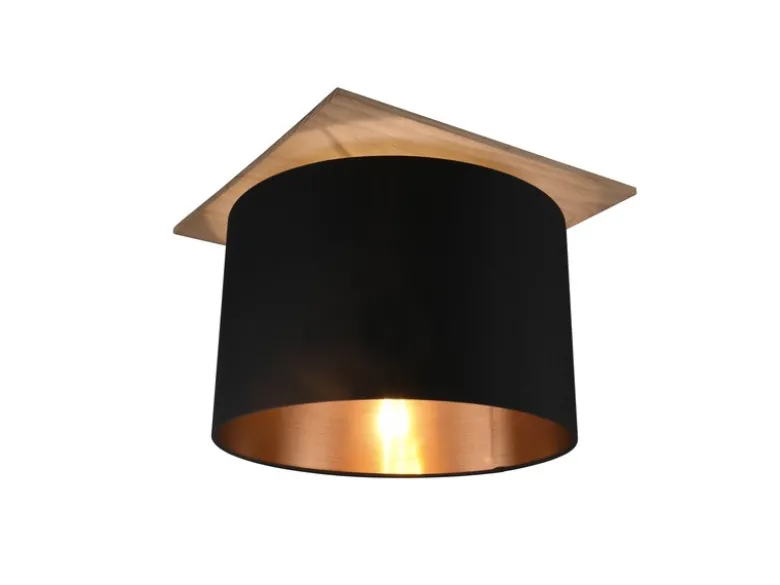 Deckenleuchte mit Stoff Lampenschirm in Schwarz/Gold und Holz Sockel, Ø 40cm