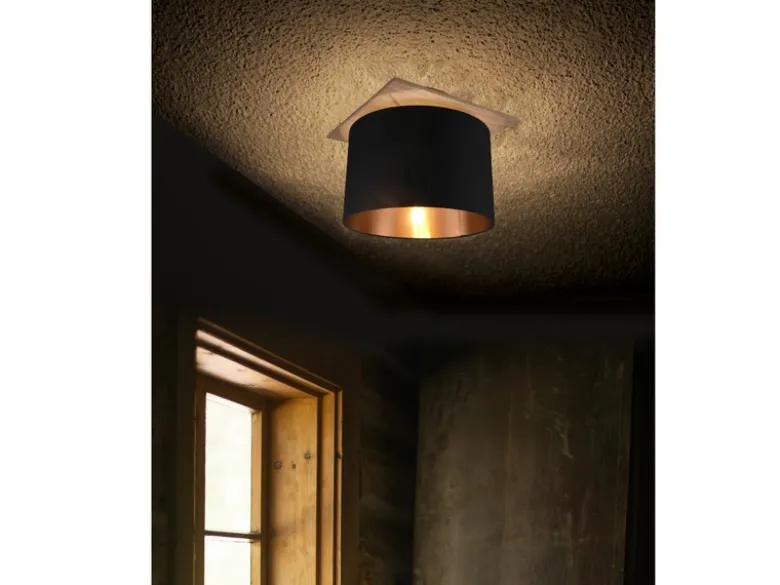 Deckenleuchte mit Stoff Lampenschirm in Schwarz/Gold und Holz Sockel, Ø 40cm