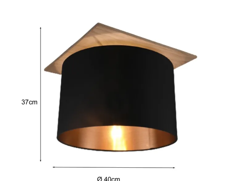 Deckenleuchte mit Stoff Lampenschirm in Schwarz/Gold und Holz Sockel, Ø 40cm