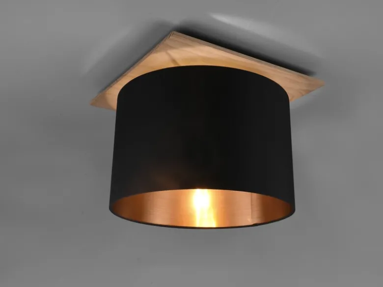 Deckenleuchte mit Stoff Lampenschirm in Schwarz/Gold und Holz Sockel, Ø 40cm